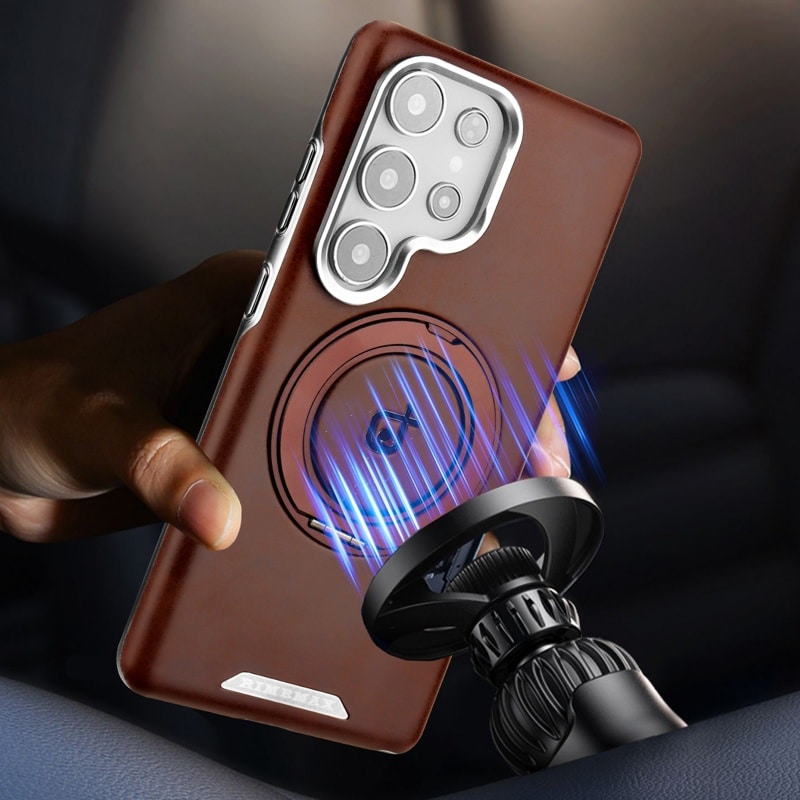 Business Plating Magnetic PU Leather Phone Case for Samsung  Ultra With 360° Metal Ring Stand Shockproof Cover