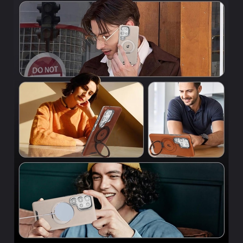 Business Plating Magnetic PU Leather Phone Case for Samsung  Ultra With 360° Metal Ring Stand Shockproof Cover