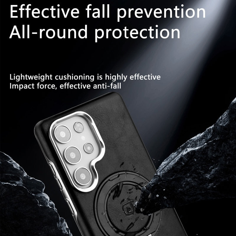 Business Plating Magnetic PU Leather Phone Case for Samsung  Ultra With 360° Metal Ring Stand Shockproof Cover