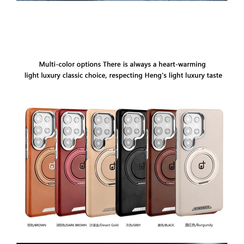 Business Plating Magnetic PU Leather Phone Case for Samsung  Ultra With 360° Metal Ring Stand Shockproof Cover